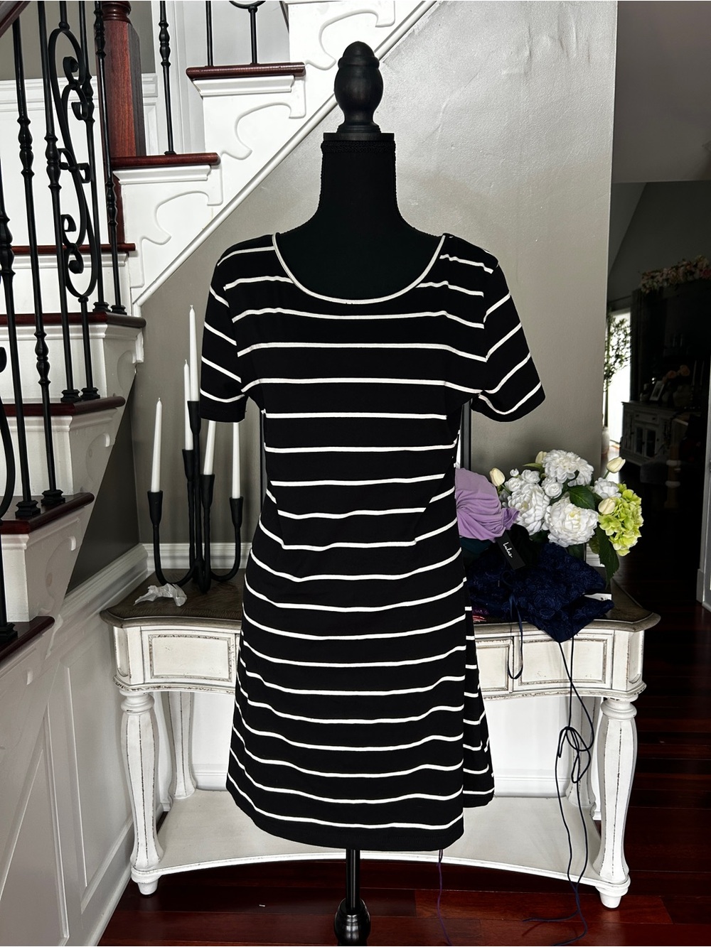 Feager Black and White Cross Back Striped Short Sleeve Dress | Size M NWT
